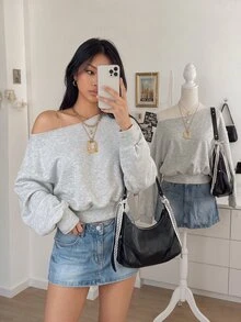 INAWLY Ladies' Plain Casual Simple Daily Long Sleeve Top, Back To School Clothes - Light Grey - View 1