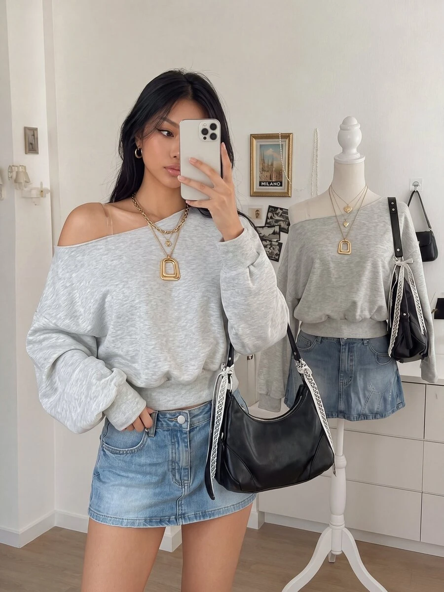 INAWLY Ladies' Plain Casual Simple Daily Long Sleeve Top, Back To School Clothes - Light Grey - View 1