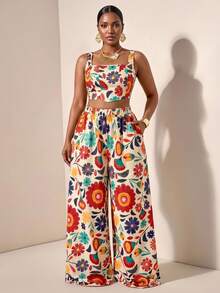 Zivah New Summer Fall Plus Size Women's Floral Print Fishbone Strap Crop Top Wide Leg Pants 2pcs/Vacation/Boho/Elegant/Going Out/Party/Festival/Concert - Multicolor - View 1