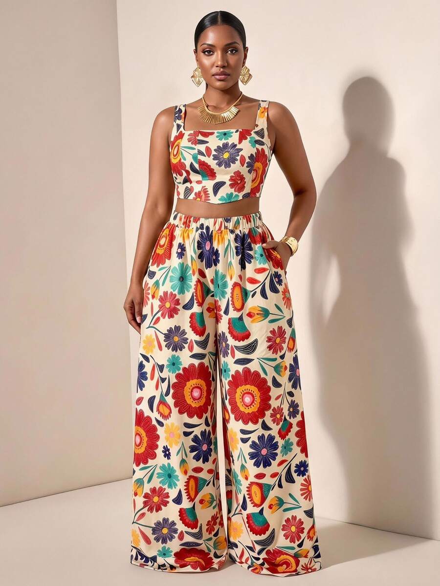 Zivah New Summer Fall Plus Size Women's Floral Print Fishbone Strap Crop Top Wide Leg Pants 2pcs/Vacation/Boho/Elegant/Going Out/Party/Festival/Concert - Multicolor - View 1
