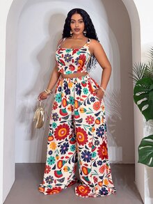 Zivah New Summer Fall Plus Size Women's Floral Print Fishbone Strap Crop Top Wide Leg Pants 2pcs/Vacation/Boho/Elegant/Going Out/Party/Festival/Concert - Multicolor - View 4