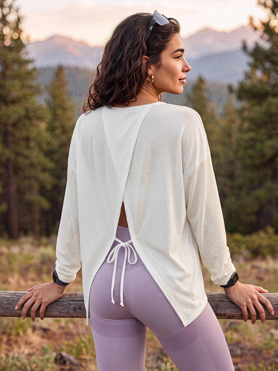 Exploreva Women's Casual Beige Back Slit Long Sleeve Outdoor T-Shirt - Apricot - View 1