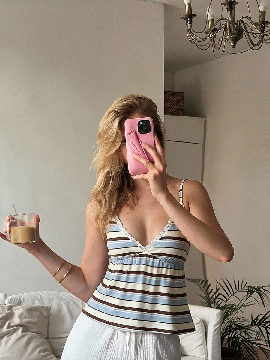 CovetEZ Women's Spring/Summer Casual Camisole Striped Collegiate Style Spring/Summer Top Polka Dot Sweet Top Lace Patchwork Camisole - Multicolor - View 1