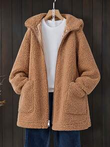 Linhara Plus Size Casual Hooded High Neck Pocket Hem Split Fleece Jacket Winter - Khaki - View 1