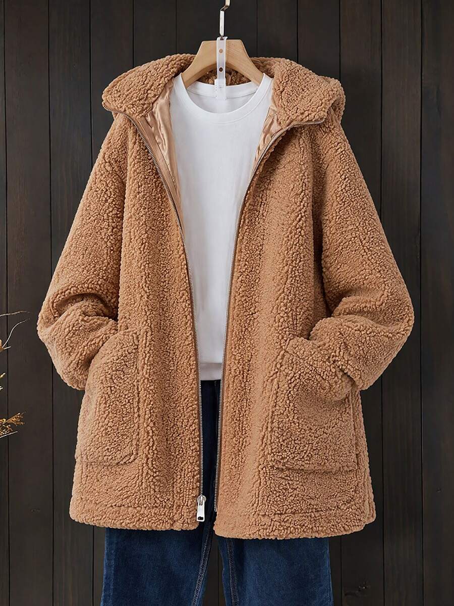 Linhara Plus Size Casual Hooded High Neck Pocket Hem Split Fleece Jacket Winter - Khaki - View 1