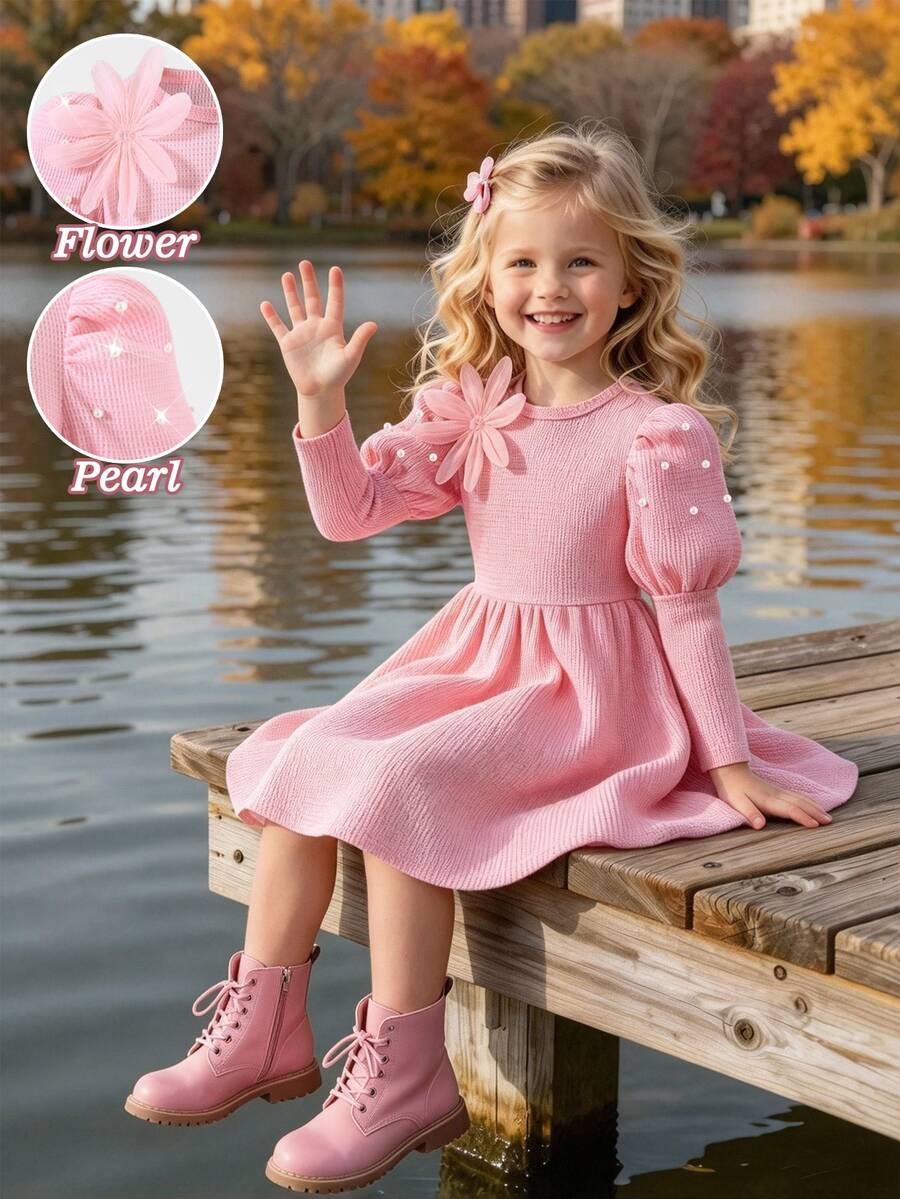 SHEIN Elladie kids Girls Long Puff Sleeve A-Line Dress, Round Neck ...