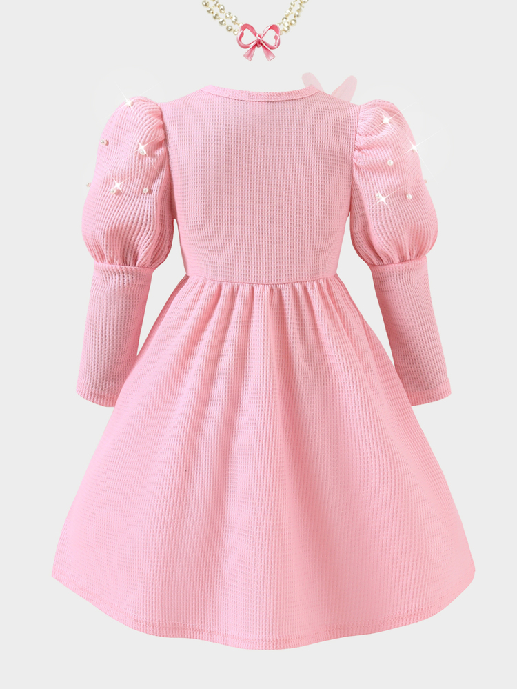 SHEIN Elladie kids Girls Long Puff Sleeve A-Line Dress, Round Neck Dress With 3D Flower Applique And Pearl Decorations, Flared Skirt Swing Dress,Christmas Dress - Pink - View 2