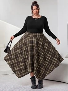 SHEIN CURVE+ New Plus Size High Waist Pleated Asymmetric Hem Skirt Autumn Commuting Date, Winter 2026 22W Fall - Brown - View 6