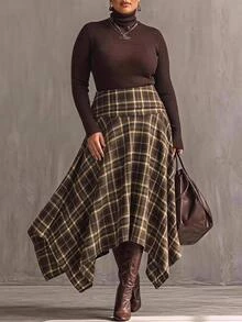 SHEIN CURVE+ New Plus Size High Waist Pleated Asymmetric Hem Skirt Autumn Commuting Date, Winter 2026 22W Fall - Brown - View 8