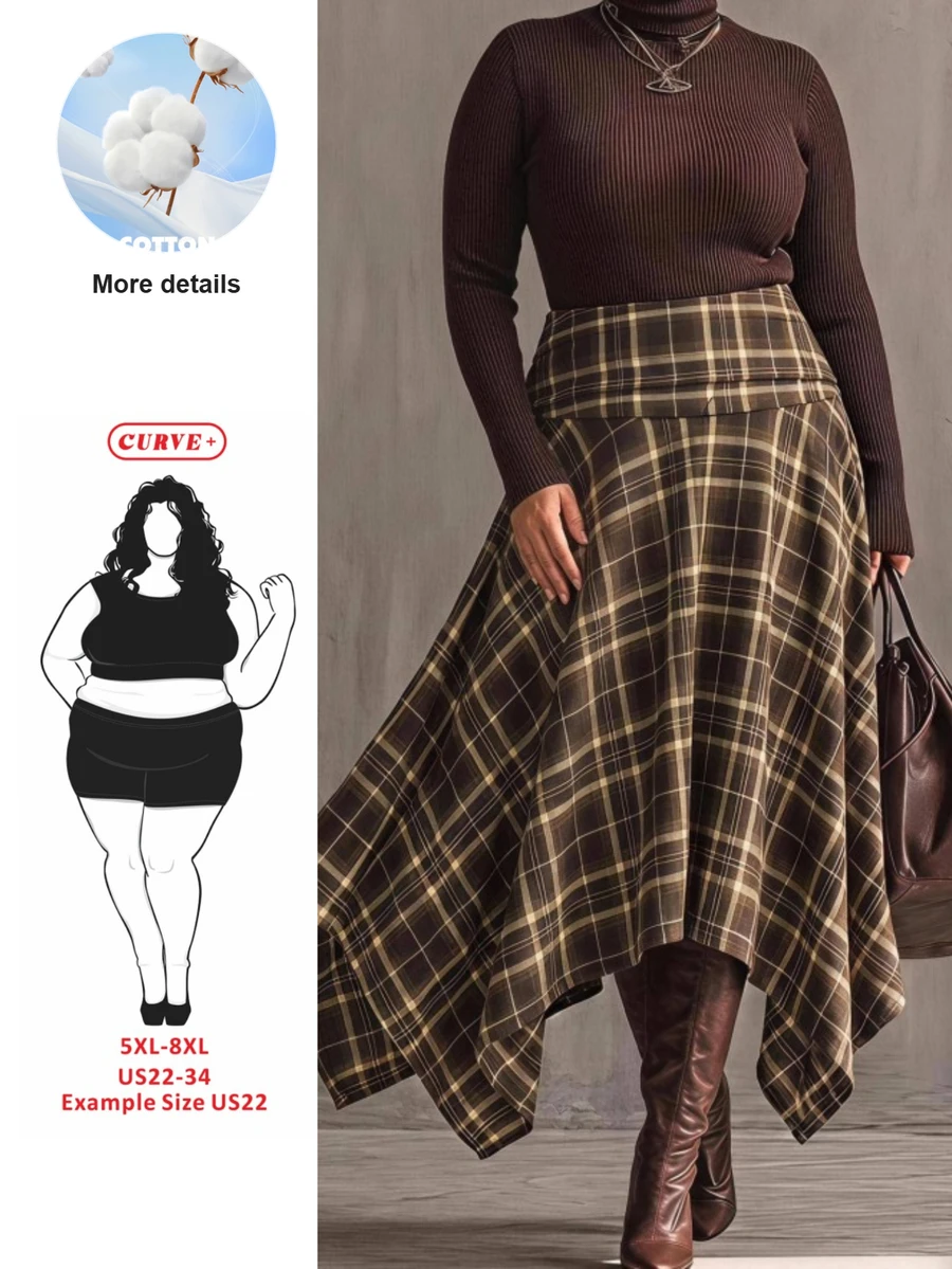 SHEIN CURVE+ New Plus Size High Waist Pleated Asymmetric Hem Skirt Autumn Commuting Date, Winter 2026 22W Fall - Brown - View 1
