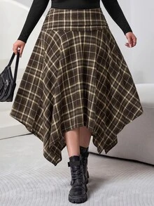 SHEIN CURVE+ New Plus Size High Waist Pleated Asymmetric Hem Skirt Autumn Commuting Date, Winter 2026 22W Fall - Brown - View 9