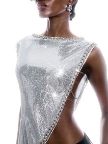 LYSMO Women's Silver Sequin Chain Decor Asymmetrical Hem Vest, 70s Punk Summer Night Out Party Top For Festival, Concerts, Boho Beach, Y2K Casual - Silver - View 5