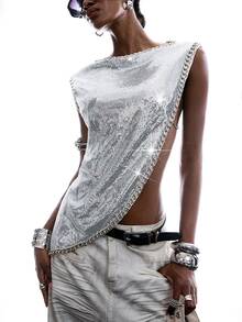 LYSMO Women's Silver Sequin Chain Decor Asymmetrical Hem Vest, 70s Punk Summer Night Out Party Top For Festival, Concerts, Boho Beach, Y2K Casual - Silver - View 7
