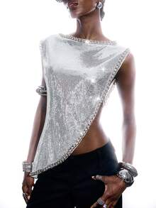LYSMO Women's Silver Sequin Chain Decor Asymmetrical Hem Vest, 70s Punk Summer Night Out Party Top For Festival, Concerts, Boho Beach, Y2K Casual - Silver - View 4