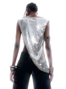 LYSMO Women's Silver Sequin Chain Decor Asymmetrical Hem Vest, 70s Punk Summer Night Out Party Top For Festival, Concerts, Boho Beach, Y2K Casual - Silver - View 2