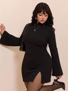 CovetEZ Autumn/Winter Stand Collar Flared Cuff Slim Fit Slit Thigh Casual Plus Size Dress Fall - Black - View 1