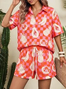 Vaclyn 女款鳳梨印花單排扣短袖上衣與短褲休閒熱帶日常度假海灘套裝 粉色格紋夏季 - 橘色 - 查看 4
