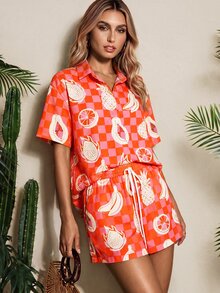 Vaclyn 女款鳳梨印花單排扣短袖上衣與短褲休閒熱帶日常度假海灘套裝 粉色格紋夏季 - 橘色 - 查看 5