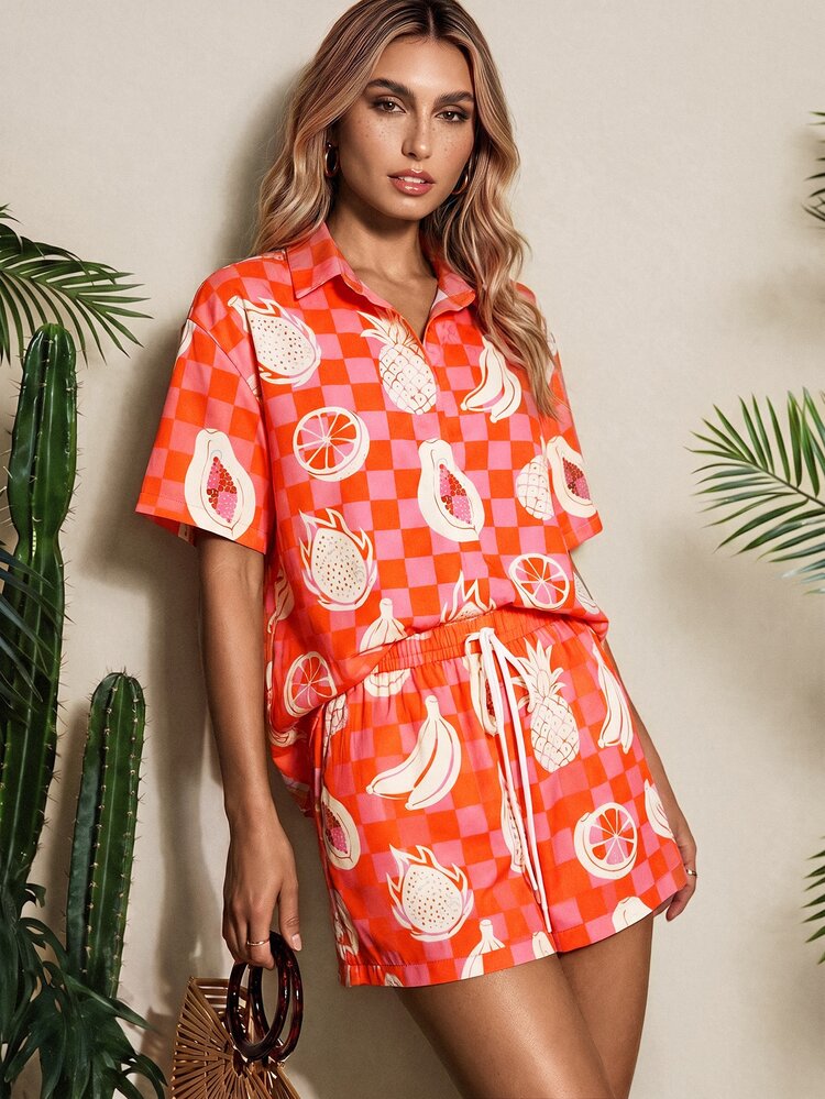 Vaclyn Women's Pineapple Print Single-Breasted Short Sleeve Top And Shorts Casual Tropical Daily Vacation Beach Outfit Pink Checkered Summer - Orange - View 4