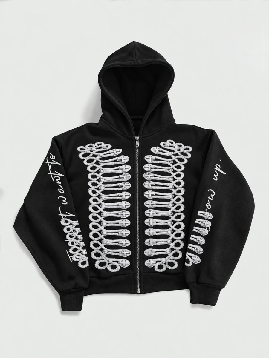 ROMWE MEN Street Life Men's Streetwear Retro Palace Pattern Loose Zip-Up Hooded Sweatshirt - Black - View 1