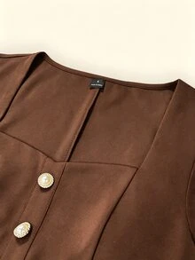 RosyDaze 女款秋季新款方領優雅修身收腰洋裝，適合日常通勤、辦公室晚餐、職場、約會與聚會穿搭，棕色 - 棕色 - 查看 7