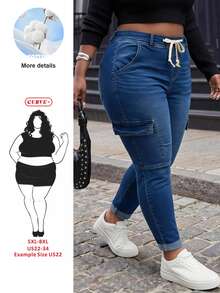SHEIN CURVE+ Women's Plus Size Blue Washed Stretch Drawstring Waist Denim Jeans, Casual Outwear With Multiple Pockets, Suitable For 5XL-8XL, Autumn/Winter - Blue - View 1