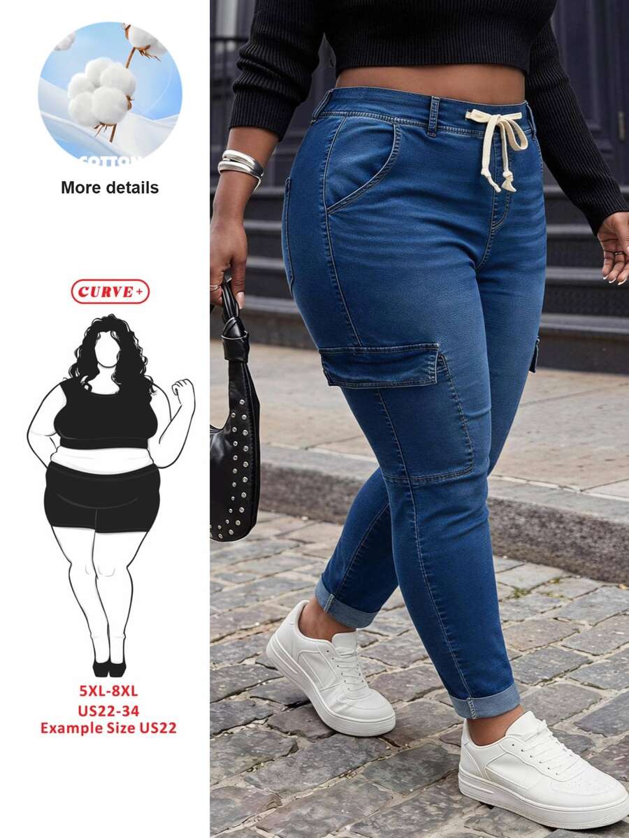 SHEIN CURVE+ Women's Plus Size Blue Washed Stretch Drawstring Waist Denim Jeans, Casual Outwear With Multiple Pockets, Suitable For 5XL-8XL, Autumn/Winter - Blue - View 1