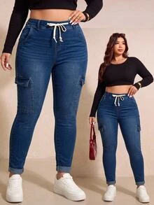 SHEIN CURVE+ Women's Plus Size Blue Washed Stretch Drawstring Waist Denim Jeans, Casual Outwear With Multiple Pockets, Suitable For 5XL-8XL, Autumn/Winter - Blue - View 5