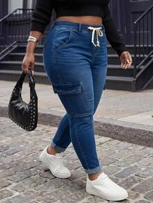 SHEIN CURVE+ Women's Plus Size Blue Washed Stretch Drawstring Waist Denim Jeans, Casual Outwear With Multiple Pockets, Suitable For 5XL-8XL, Autumn/Winter - Blue - View 2
