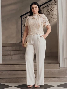 Anewsta Áo blouse nữ size lớn phong cách Pháp nhẹ nhàng mùa xuân/hè, màu be, ren rỗng, nơ, dễ phối đồ - Hồng - Xem 5