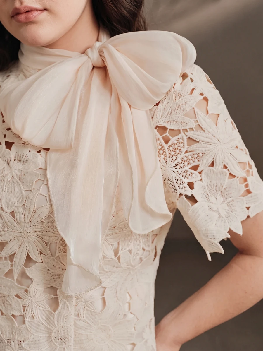Anewsta Spring/Summer French Gentle Style Beige Hollow Lace Bowknot Versatile Plus Size Women's Blouse - Pink - View 1