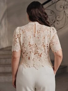 Anewsta Áo blouse nữ size lớn phong cách Pháp nhẹ nhàng mùa xuân/hè, màu be, ren rỗng, nơ, dễ phối đồ - Hồng - Xem 7
