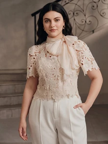 Anewsta Áo blouse nữ size lớn phong cách Pháp nhẹ nhàng mùa xuân/hè, màu be, ren rỗng, nơ, dễ phối đồ - Hồng - Xem 6
