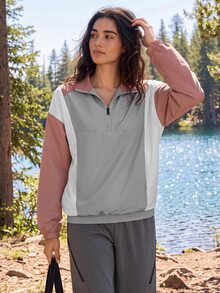 Exploreva Women's Outdoor Contrast Color Zipper Half Placket Long Sleeve Regular Jacket - Coral Pink - View 1