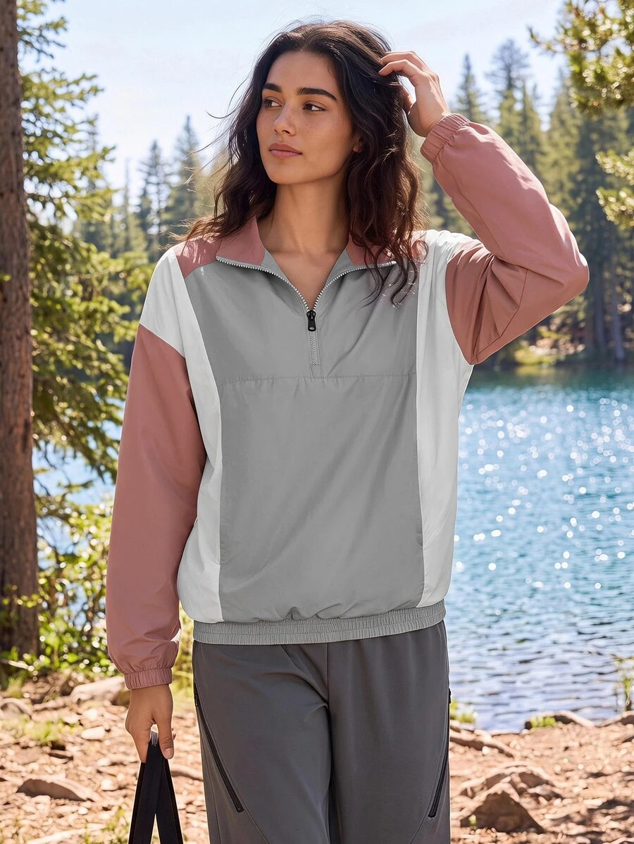 Exploreva Women's Outdoor Contrast Color Zipper Half Placket Long Sleeve Regular Jacket - Coral Pink - View 1