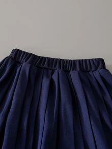 SHEIN 4-7歲女童海軍藍上衣與裙子套裝學院風長袖翻領上衣愛心刺繡貼布 + 百褶迷你裙秋季 - 寶藍色 - 查看 10