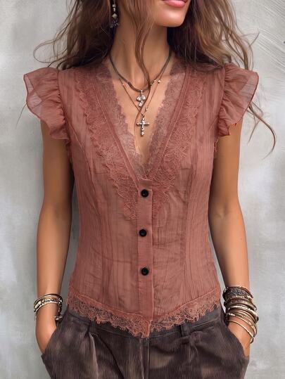 SHEIN Women's Summer French Elegant Casual Design Lace Patchwork V-Neck Flutter Sleeve Slim Fit Flattering Black Short Top