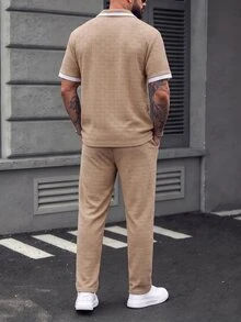 Manfinity Homme طقم رجالي من قطعتين بأسلوب ساحلي أمريكي، نسيج منسوج، ياقة كوبية، قصة فضفاضة، أكمام قصيرة، بنطال طويل برباط، فخامة هادئة، بسيط، كاجوال للعطلات - كاكي - مشاهدة 2