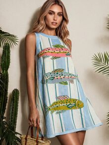 Vaclyn 女士夏季度假鱼纹印花吊带迷你连衣裙 - 彩色 - 查看 2