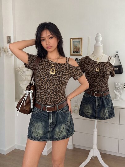Lalippa Women's Street Sexy Leopard Print Asymmetric Neck T-Shirt