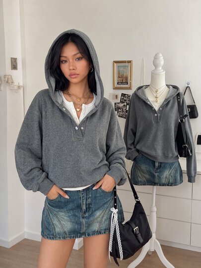 Lalippa Sweatshirt Lengan Panjang Kasual Wanita Warna Polos dengan Tudung untuk Penggunaan Sehari-hari