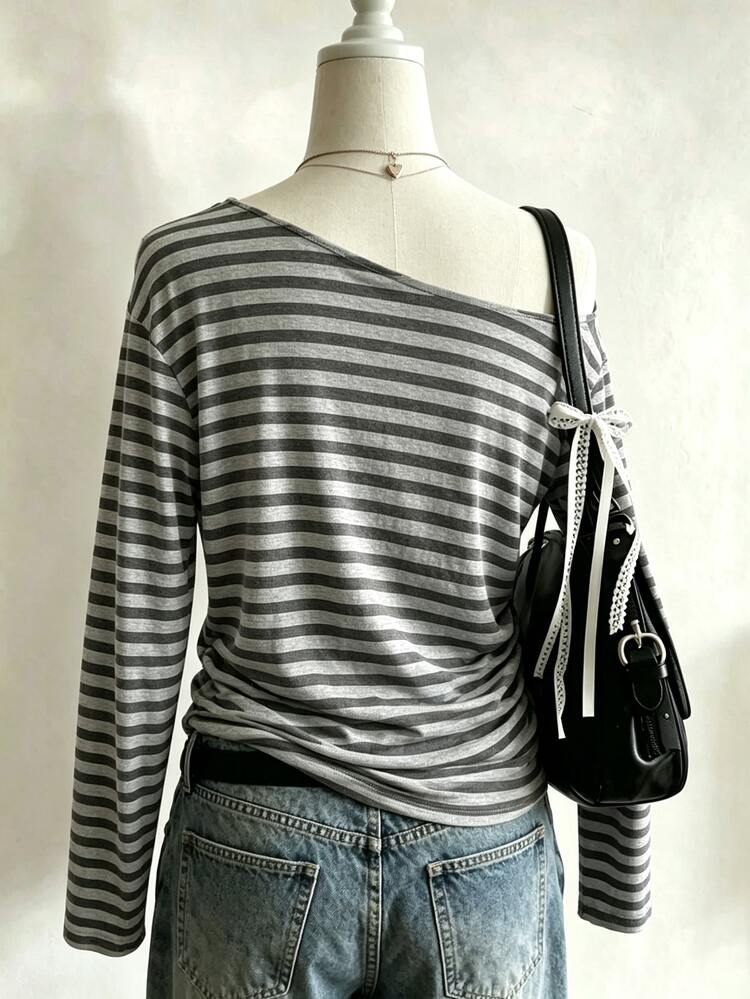 Lalippa Women's Y2K Retro Striped Long Sleeve T-Shirt, Sexy Open Shoulder Slim Fit T-Shirt, Casual Basic Retro Street Style Top - Multicolor - View 2