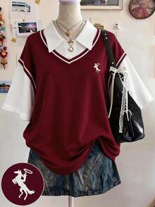 Lalippa Embroidered Fashionable Minimalist Women's Polo Neck T-Shirt, Gift For Friends - Burgundy - View 3