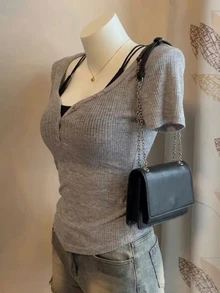 Lalippa 女款素色休閒百搭日常穿著上衣，適合日常外出，灰色黑色，夏季 - 灰色 - 查看 4