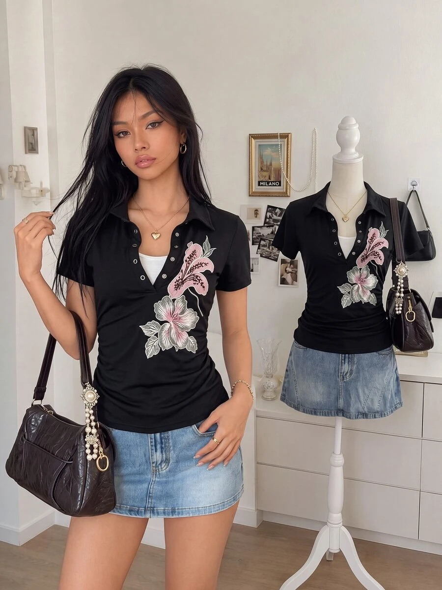 Lalippa [Printed Design] Women's Floral Embroidered 2 In 1 Short Sleeve Casual T-Shirt - Black - View 1