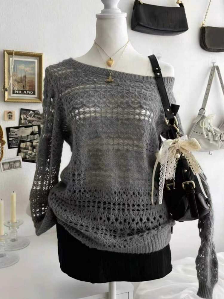 Lalippa Women's Solid Color Asymmetrical Shoulder Long Sleeve Hollow Out Loose Sweater - Grey - View 3