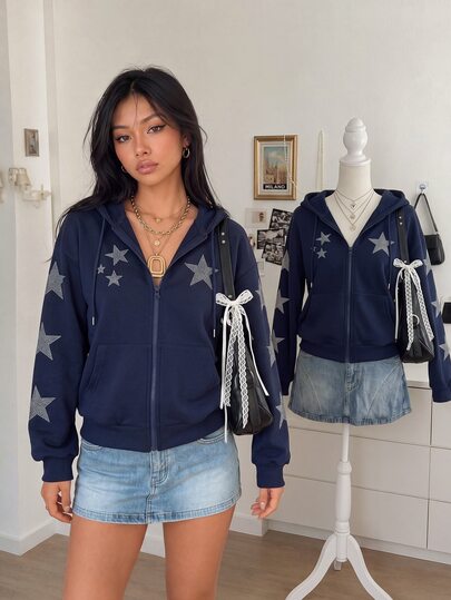 Lalippa Women's Outerwear Top, Autumn/Winter New Style, Pattern, Star Print, Student, Photography Street, Women's Casual Double Zipper Sweatshirt