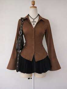 Lalippa Blus Lengan Panjang Wanita Warna Polos dengan Kancing Depan dan Tali Pengikat, Elegan untuk Pakaian Kantor, Musim Gugur - Coffee Brown - View 3