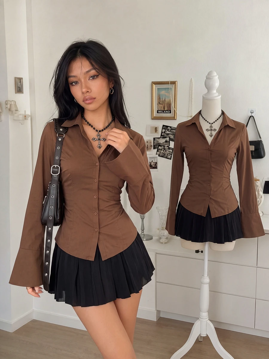 Lalippa Blus Lengan Panjang Wanita Warna Polos dengan Kancing Depan dan Tali Pengikat, Elegan untuk Pakaian Kantor, Musim Gugur - Coffee Brown - View 1