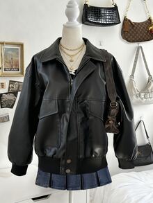 Lalippa Women's Casual Solid Color PU Loose Jacket, Autumn/Winter - Black - View 4